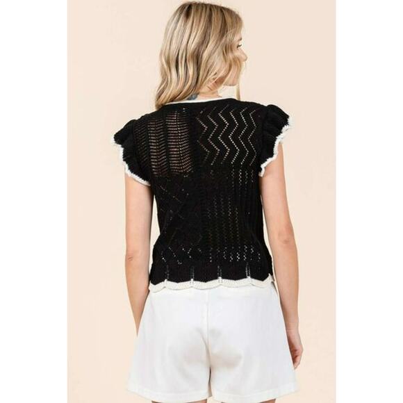 Mittoshop Multi Pattern Contrast Trim Ruffled Cap Sleeves Knit Sweater | Black - Picture 2 of 7